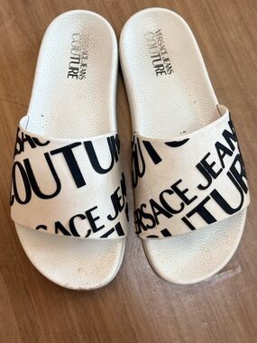 Versace Jeans Couture White and Black Logo Slide Sandals